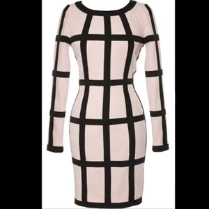AKIRA Long Sleeve Grid-Stripe Bodycon Dress in Blush and Black